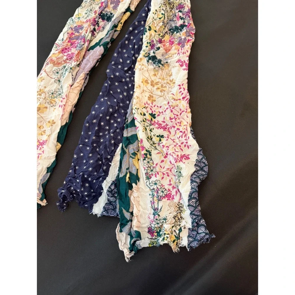 Boho Patchwork Floral Scarf Navy Blue Pink Mixed Print Raw Edge Lightweight